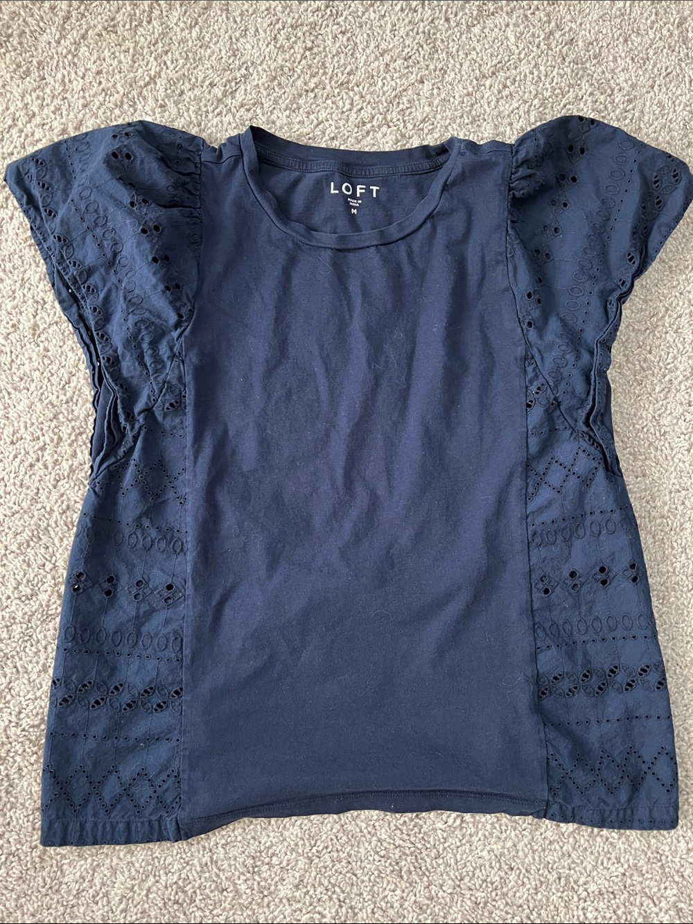 LOFT Navy Eyelet Flutter Sleeve Top